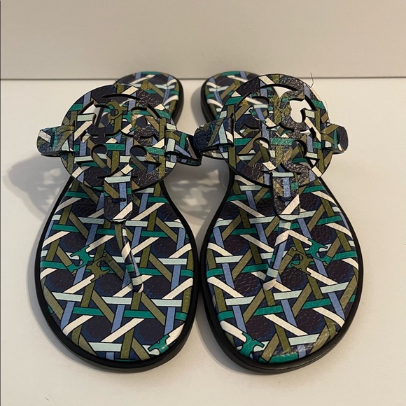 Tory Burch Millers Sandals Navy Basket -Weave Logo Green  7 🩴💚🤍 - Picture 4 of 12